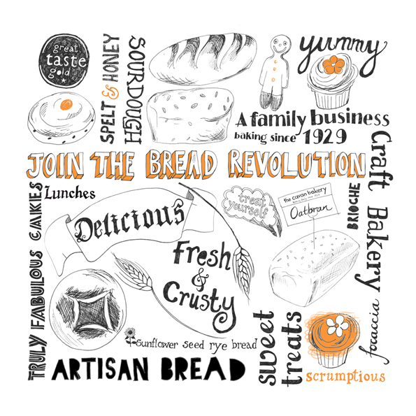 Hand lettered advert for a local, independent bakery